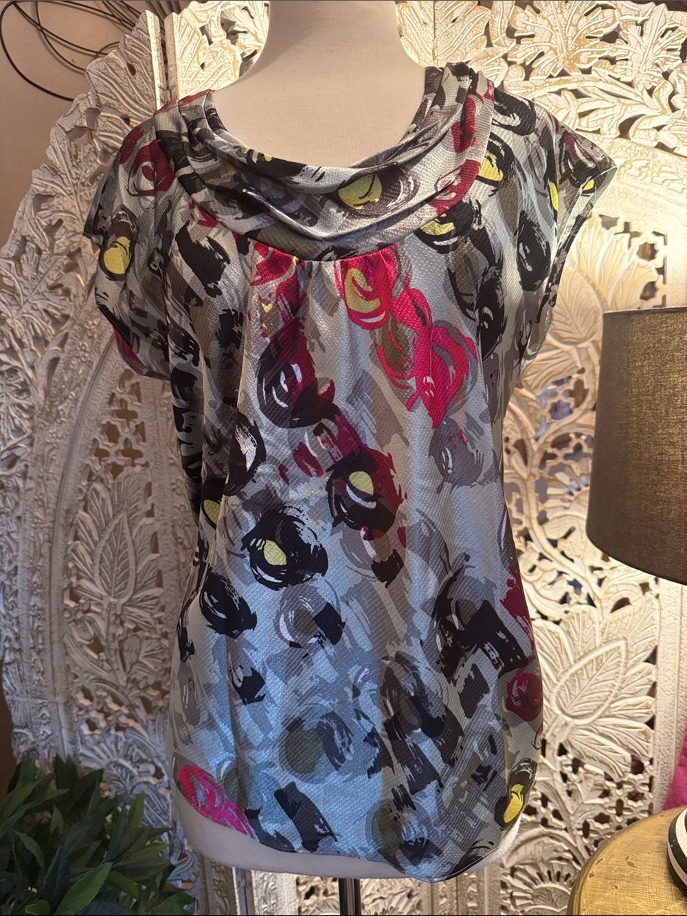 Cowl Neck Printed Women's Top in Gray with Pink & Yellow Accents